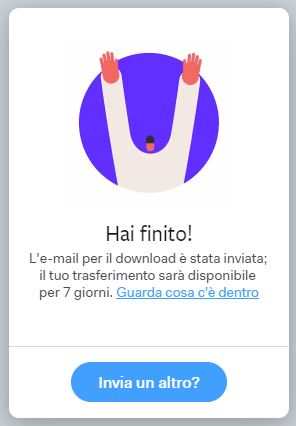 Schermata Wetransfer Trasferimento completato con successo