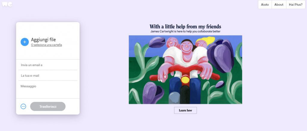 Schermata benvenuto di WeTransfer